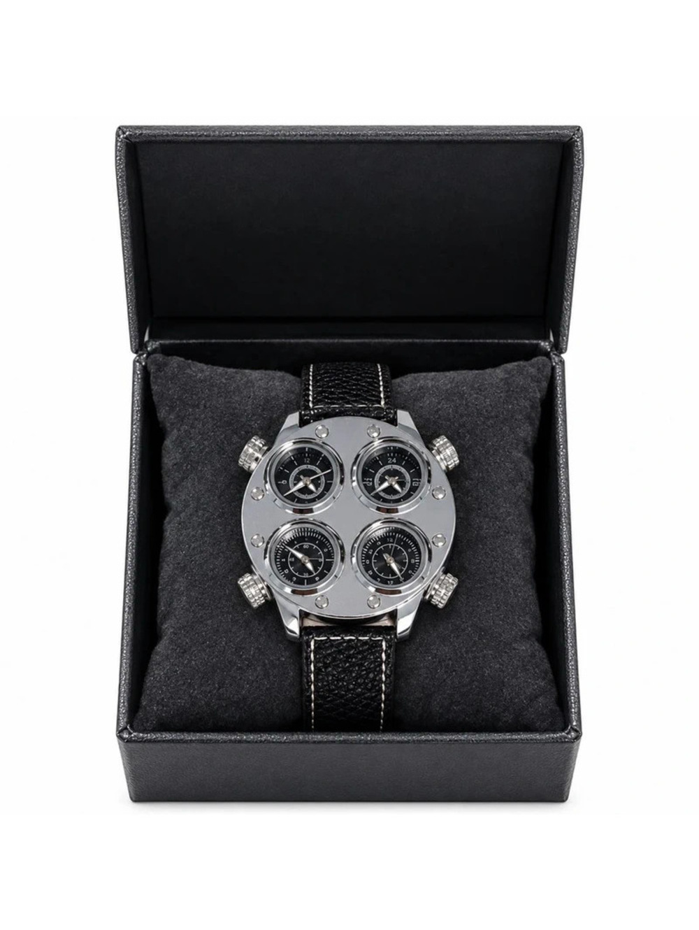 #839 Oulm HP9151 Four Dial Black Strap Watch 50mm NWT Box #839